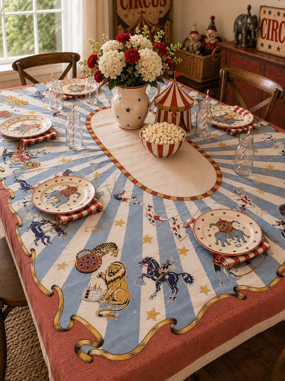 Restoration Hardware Vintage Circus Birthday Tablecloth 50x70 Rare Discontinued